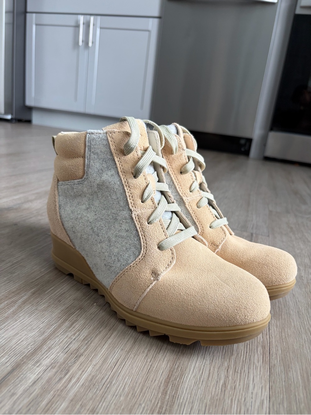 Sorel Evie Beige Suede & Gray Felt Wedge Lace-Up Boots